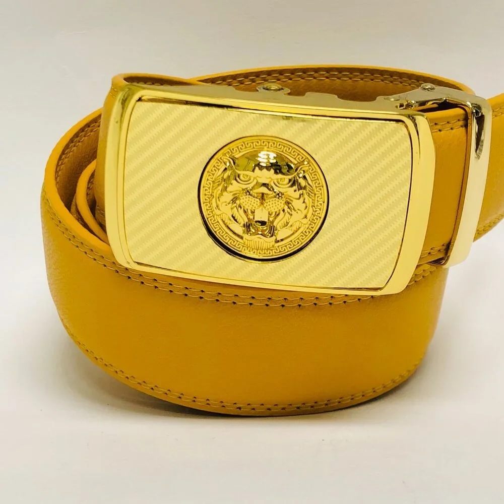 Mustard Yellow Belt Women Men Gold Automatic Buckle Slide Belt Leather Jeans New